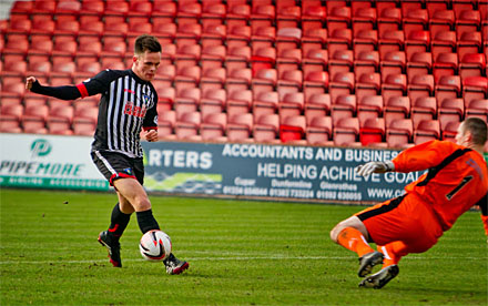 Dunfermline Athletic v Stenhousemuir SPFL League One East End Park 08 March 2014. Lawrence Shankland is dejected after Chris Smith saves from 1 on 1. CRAIG BROWN 