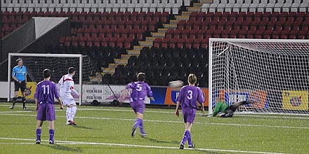 Ryan Goodfellow saves penalty at Excelsior Stadium