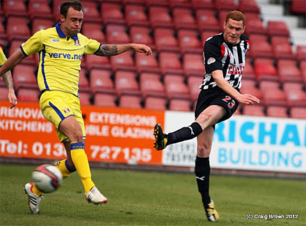 R?yan Thomson hits a shot in the Clydesdale Bank Scottish Premier League game between Dunfermlin?e Athletic FC and Kilmarnock FC at East End Park Stadium, Dunfermlin?e